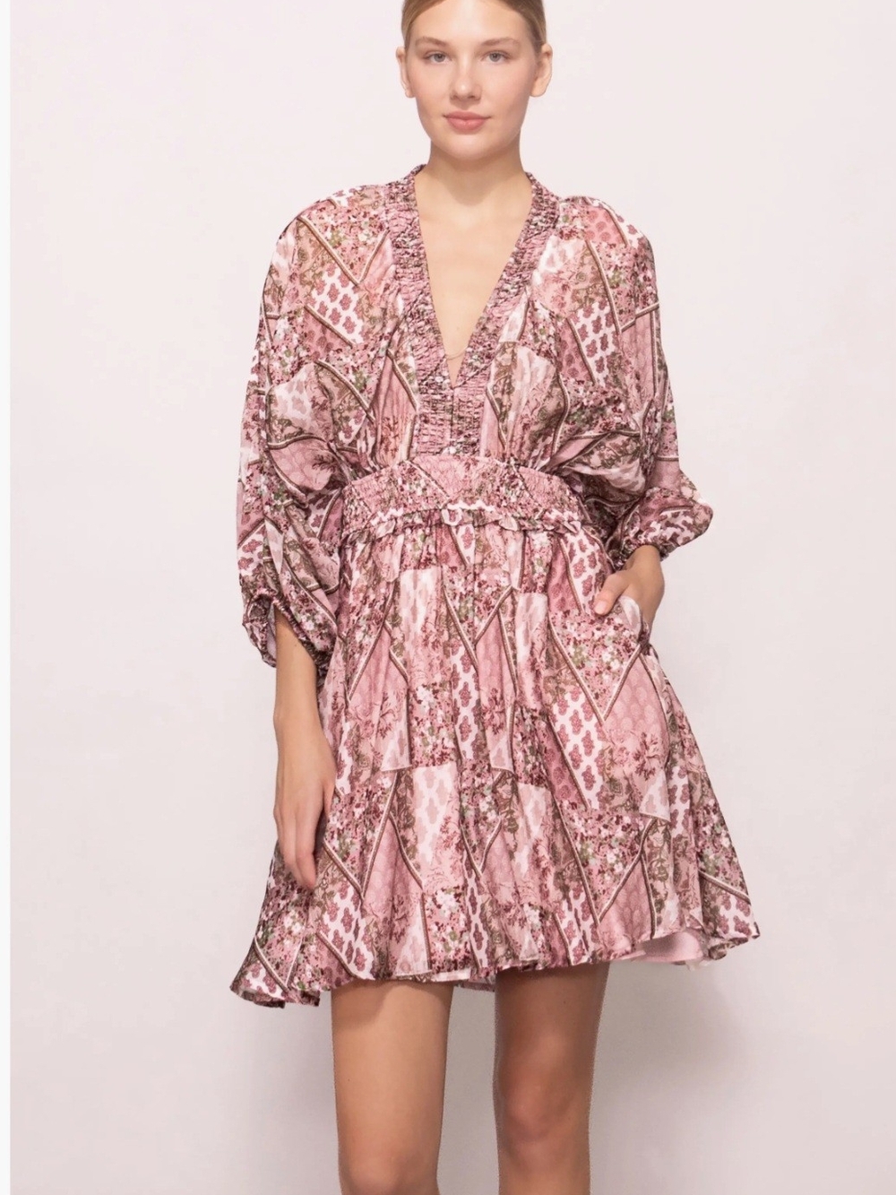 MELLODAY Pink Patchwork Print V-Neck Mini Dress